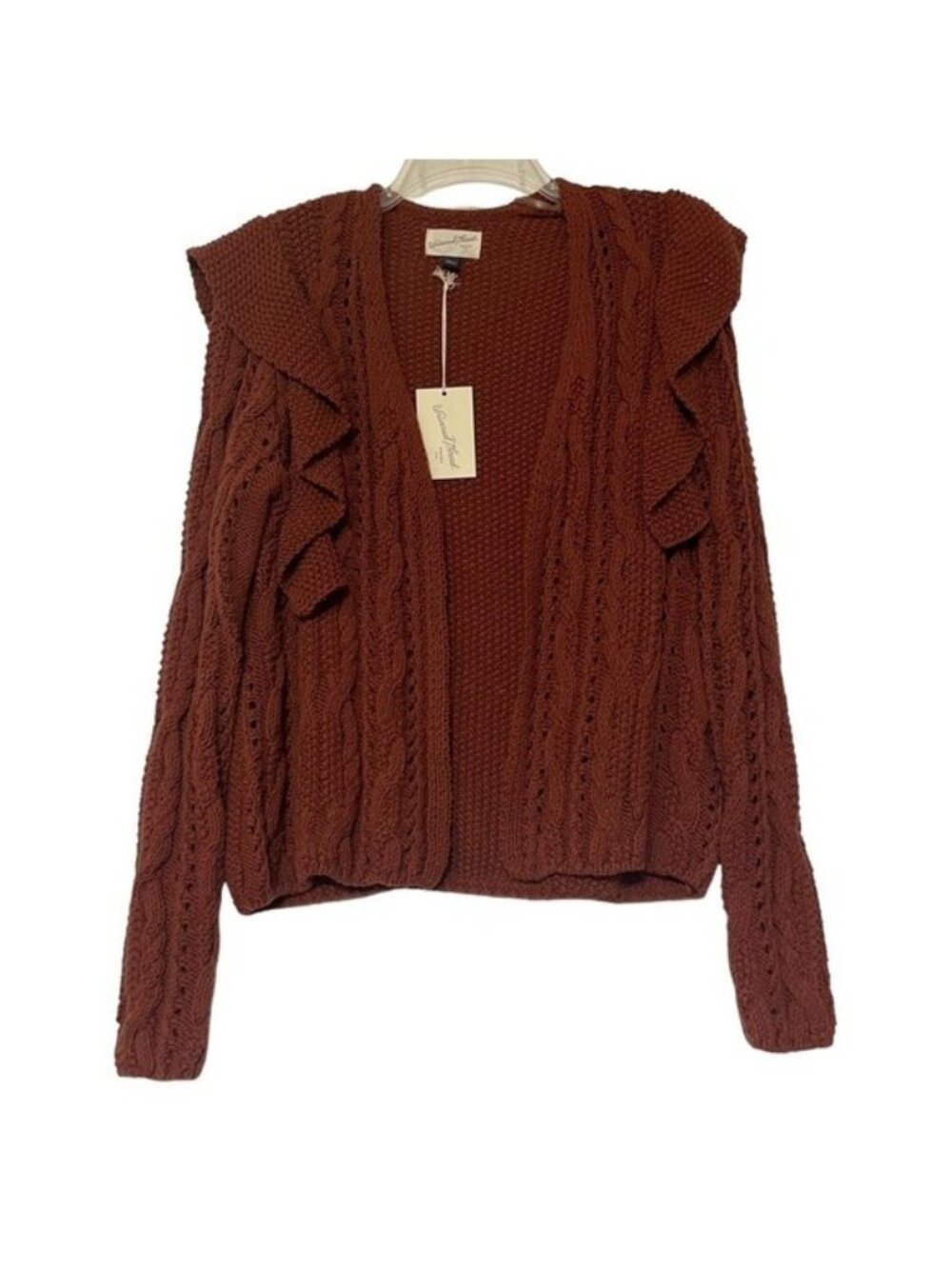 NWT Universal Thread Womens Open Front Rust Cable Knit Sweater Ruffled Collar XS